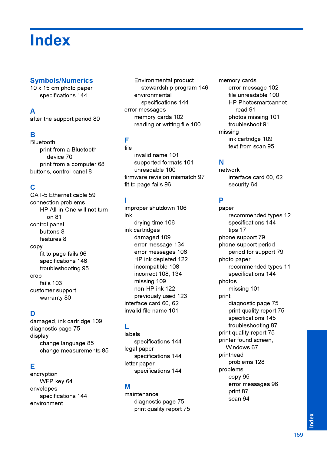 HP Premium - C309g manual Index, Symbols/Numerics 