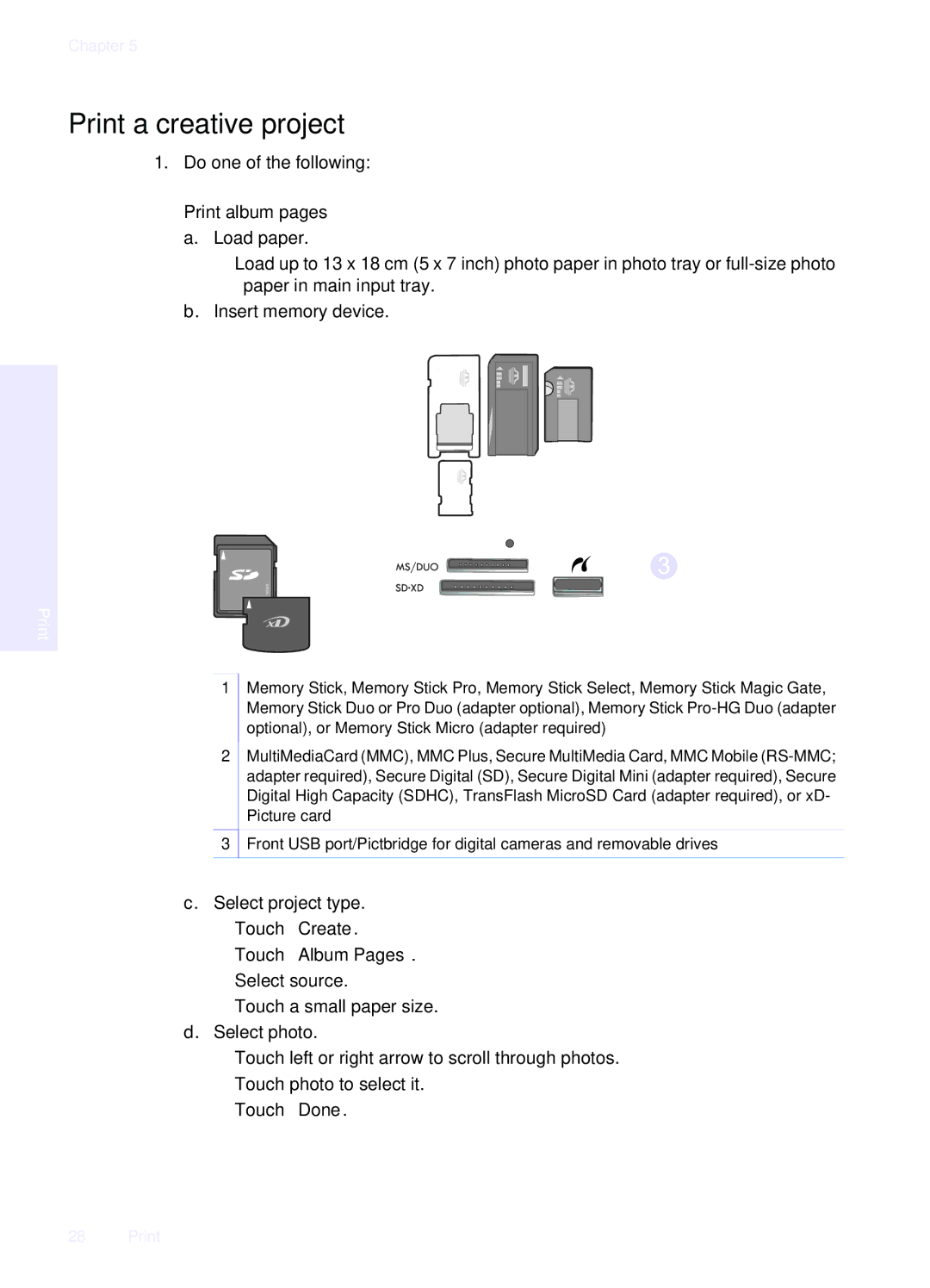 HP Premium - C309g manual Print a creative project, Print album pages a. Load paper, Touch Album Pages 