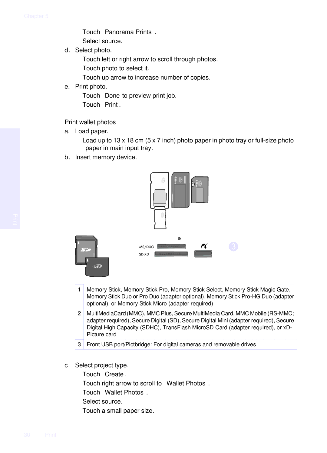 HP Premium - C309g manual Touch Panorama Prints, Print wallet photos a. Load paper, Touch Wallet Photos 