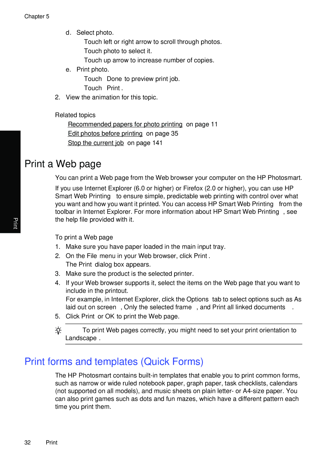 HP Premium - C309g manual Print a Web, Print forms and templates Quick Forms, To print a Web 