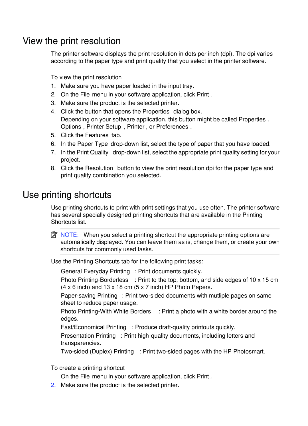 HP Premium - C309g manual View the print resolution, Use printing shortcuts, To view the print resolution 