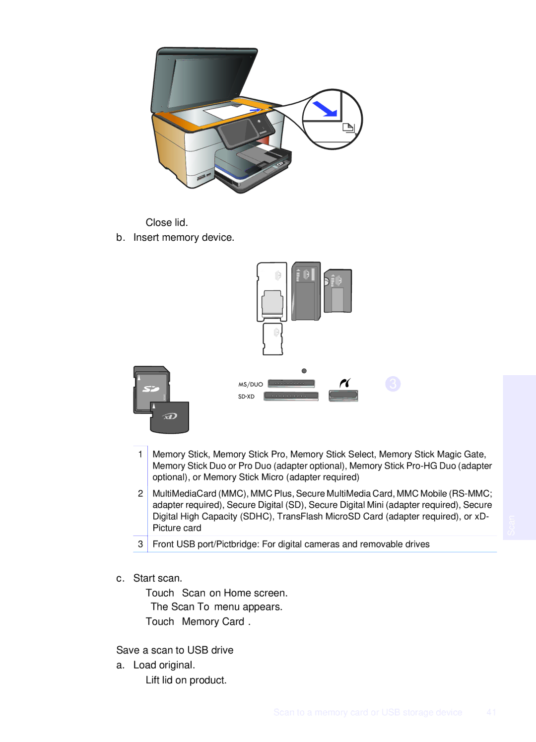 HP Premium - C309g manual Close lid Insert memory device, Touch Memory Card Save a scan to USB drive a. Load original 