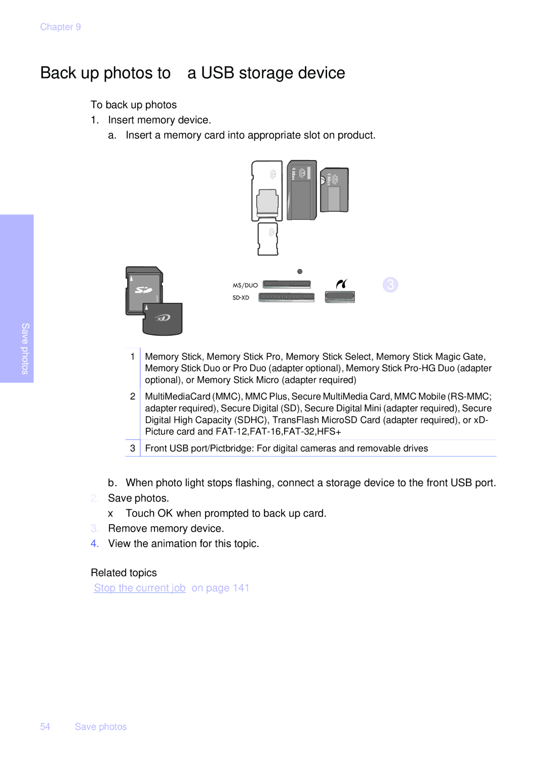 HP Premium - C309g manual Back up photos to a USB storage device, To back up photos 