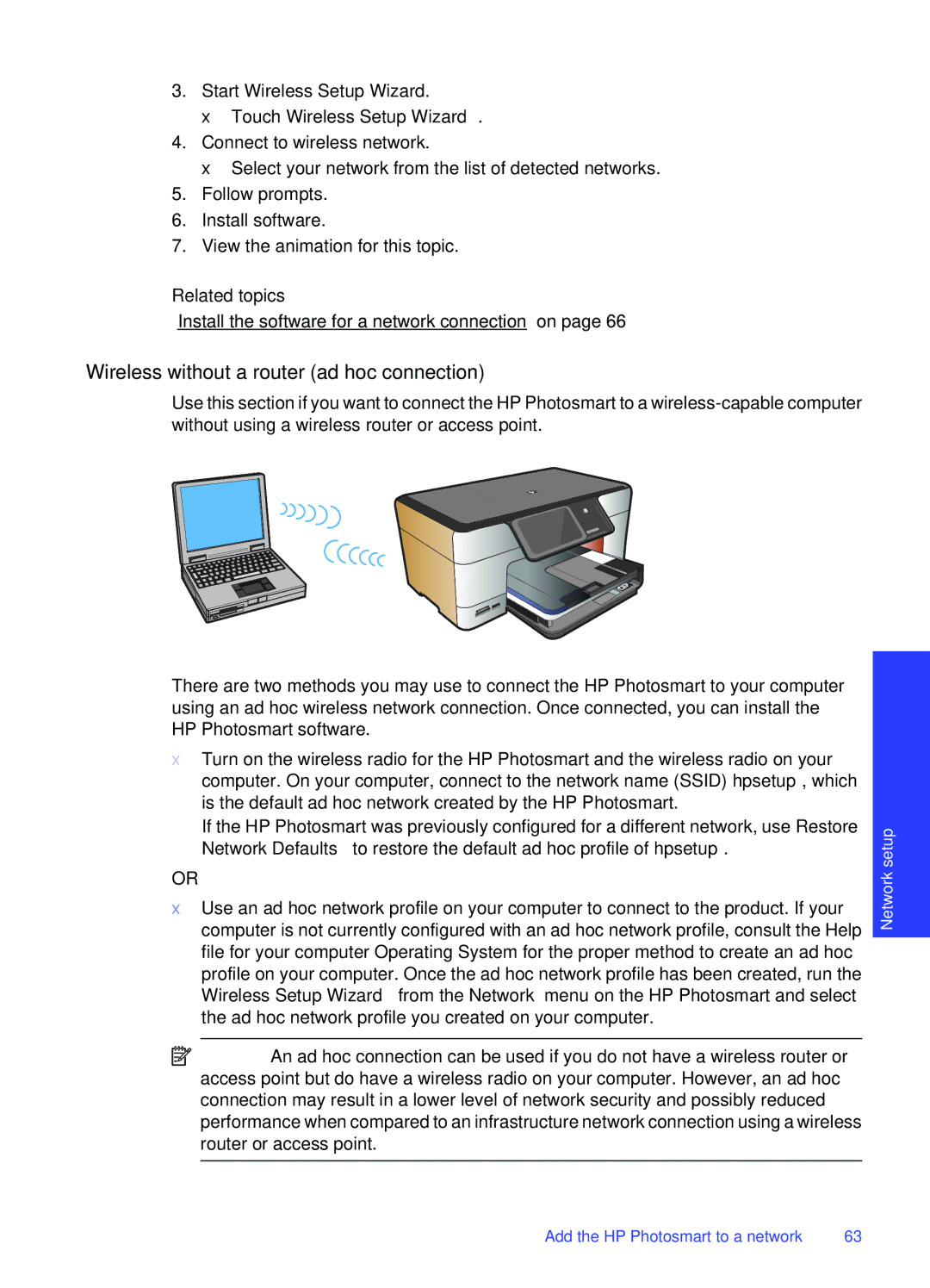 HP Premium - C309g manual Wireless without a router ad hoc connection, Touch Wireless Setup Wizard 