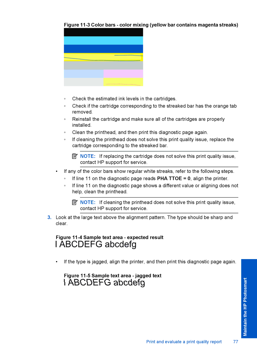 HP Premium - C309g manual Color bars color mixing yellow bar contains magenta streaks 