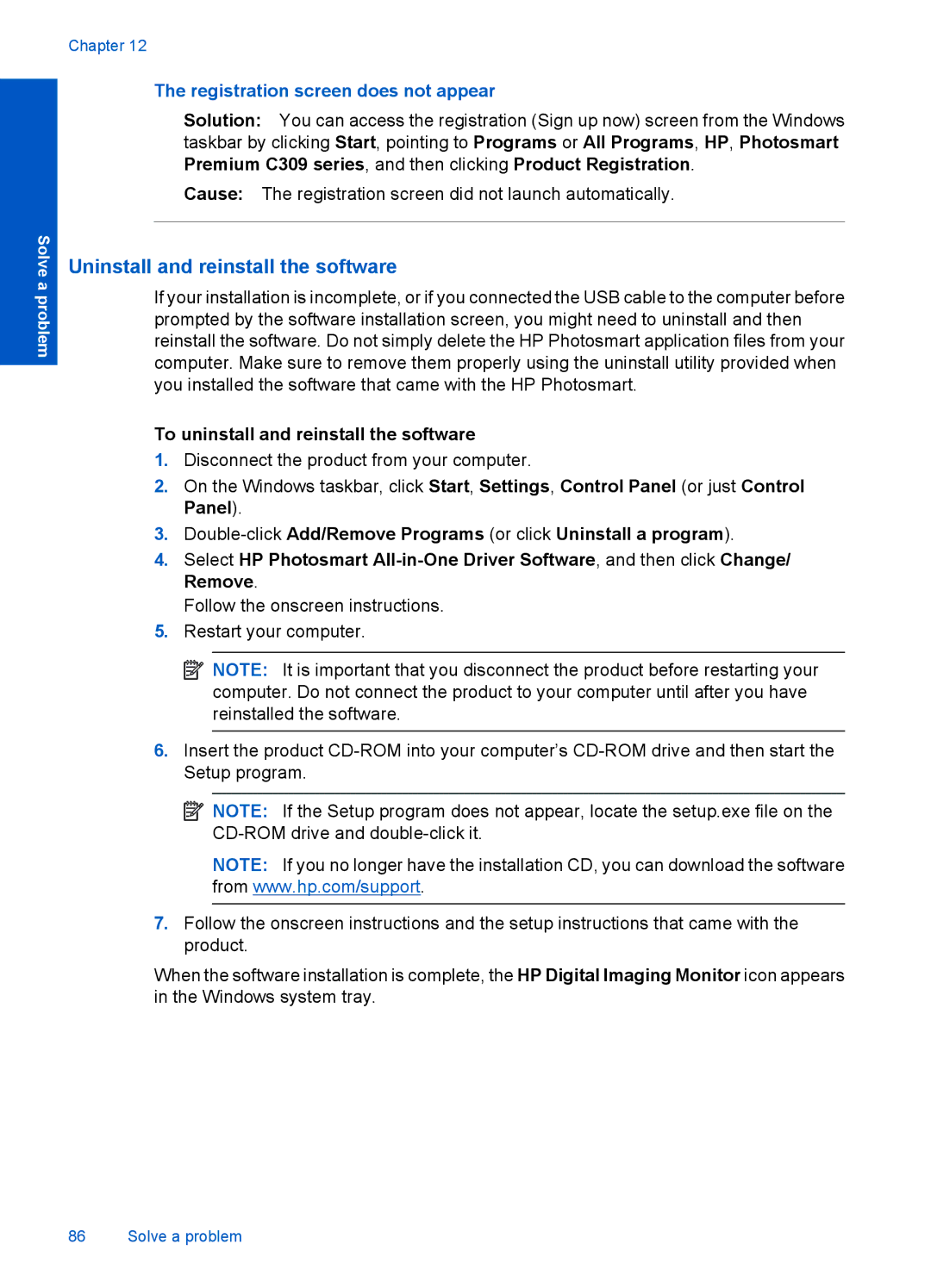 HP Premium - C309g manual Uninstall and reinstall the software, Registration screen does not appear 