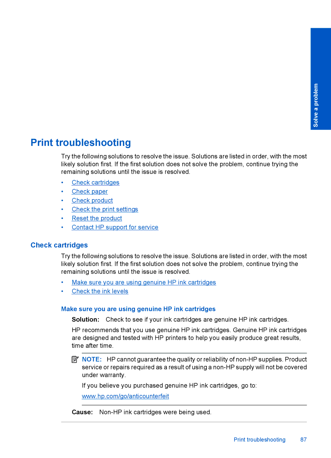 HP Premium - C309g manual Print troubleshooting, Check cartridges, Make sure you are using genuine HP ink cartridges 