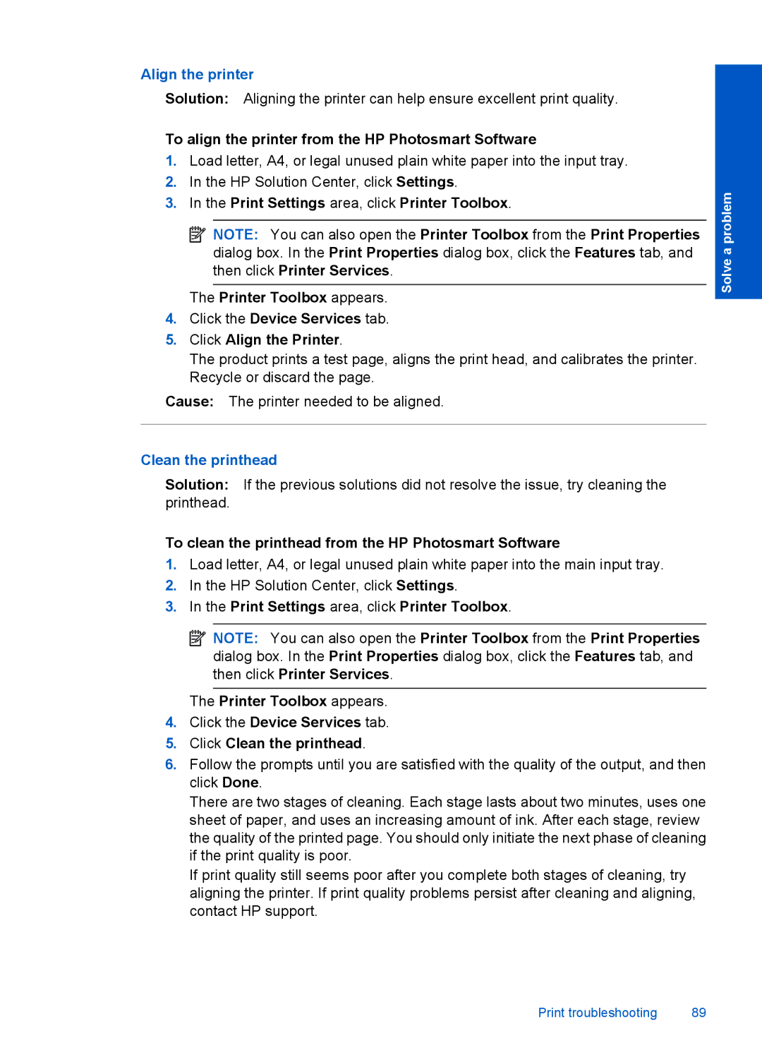 HP Premium - C309g manual Align the printer, To align the printer from the HP Photosmart Software, Clean the printhead 