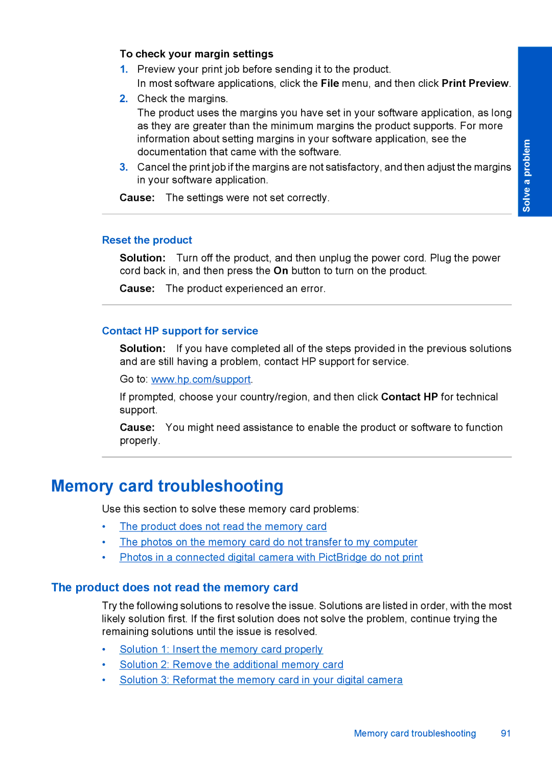 HP Premium - C309g manual Memory card troubleshooting, Product does not read the memory card, To check your margin settings 