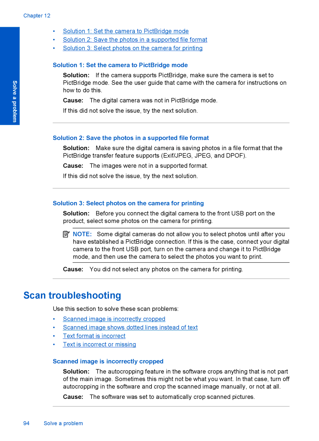 HP Premium - C309g manual Scan troubleshooting, Solution 1 Set the camera to PictBridge mode 