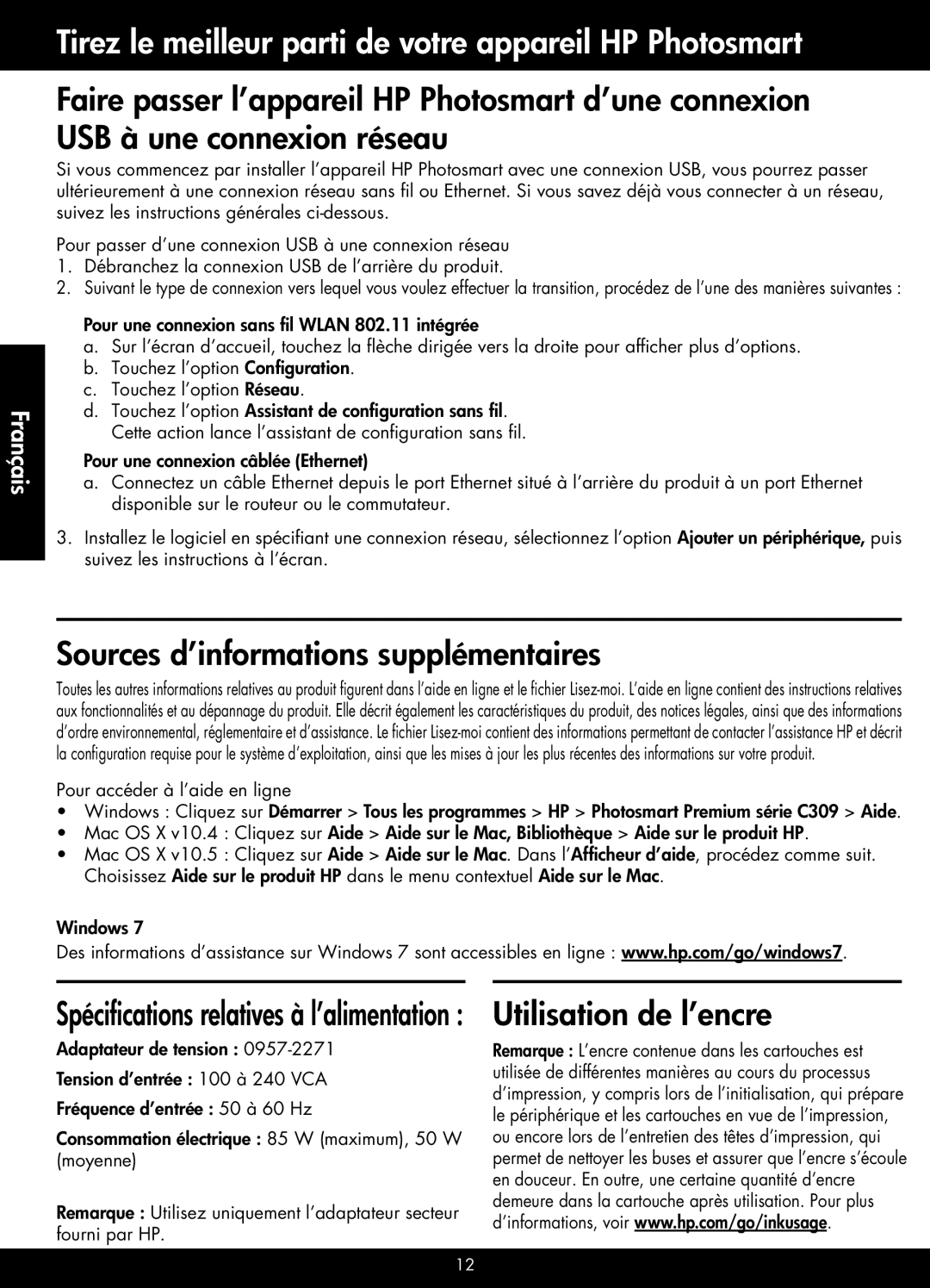 HP Premium - C309g manual Sources d’informations supplémentaires, Utilisation de l’encre 