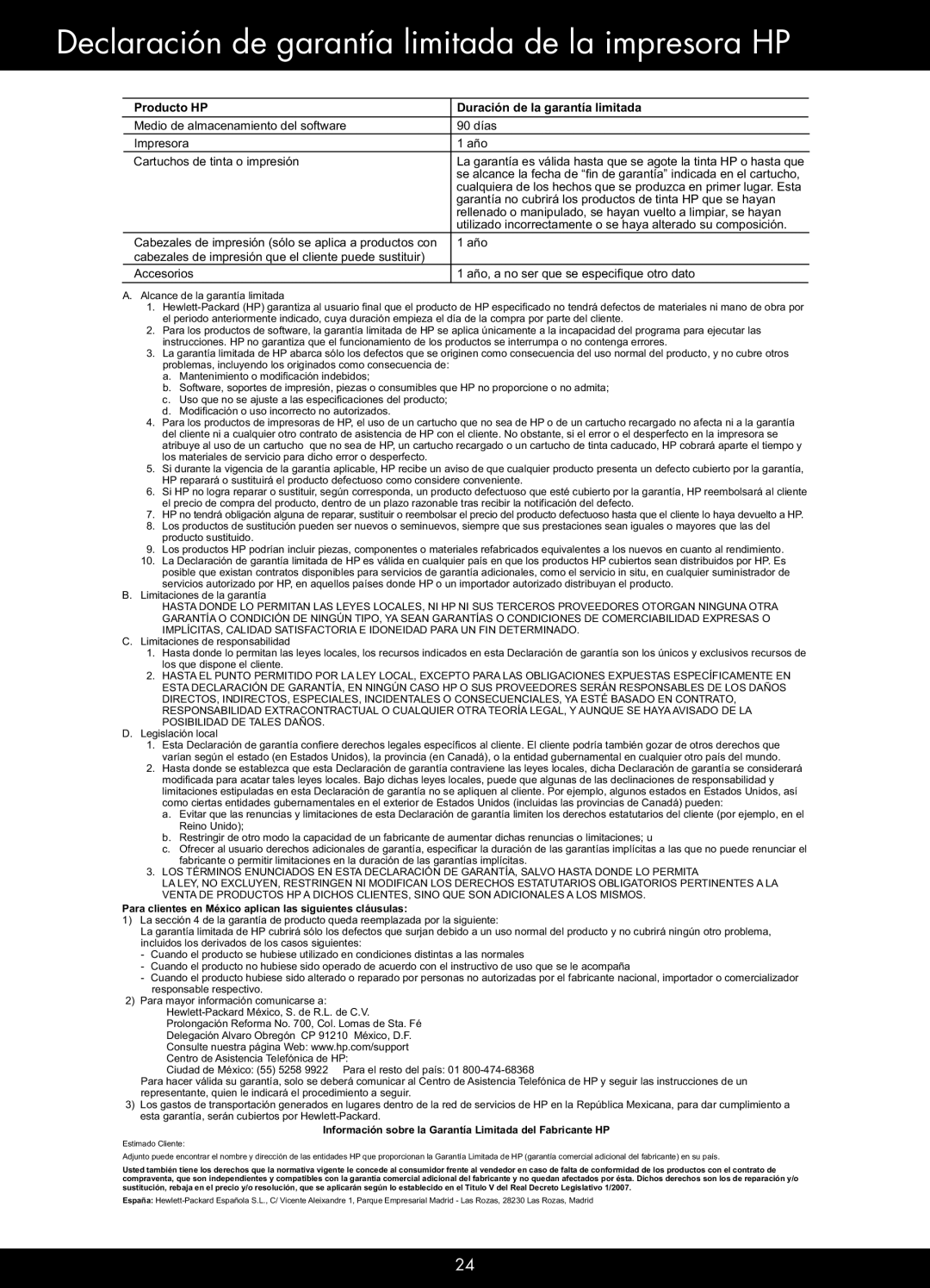 HP Premium - C309g manual Declaración de garantía limitada de la impresora HP, Producto HP Duración de la garantía limitada 