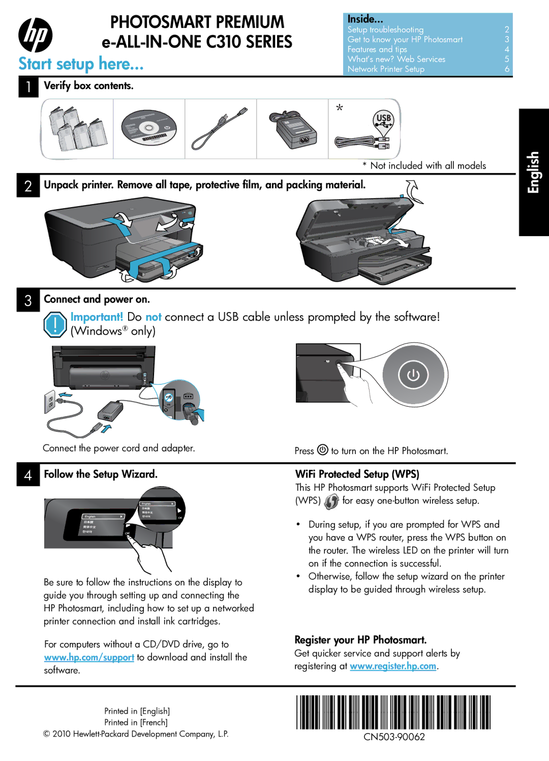 HP Premium - C310a manual Verify box contents, Connect and power on, Follow the Setup Wizard, WiFi Protected Setup WPS 