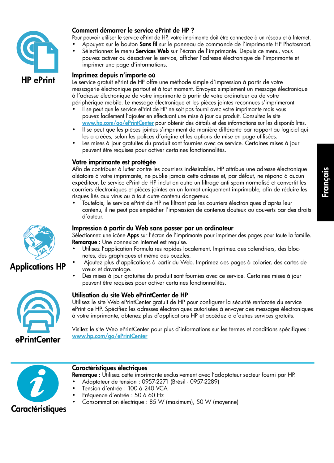 HP Premium - C310a manual Nouveautés Services Web, Applications HP, Caractéristiques 