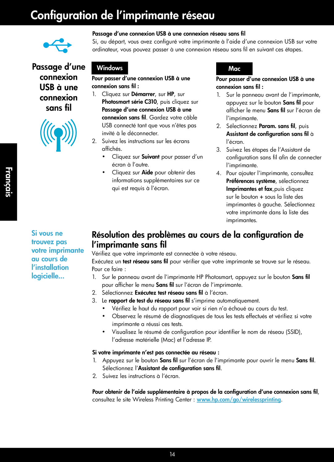 HP Premium - C310a manual Configuration de l’imprimante réseau, Passage d’une, Connexion USB à une connexion sans fil 