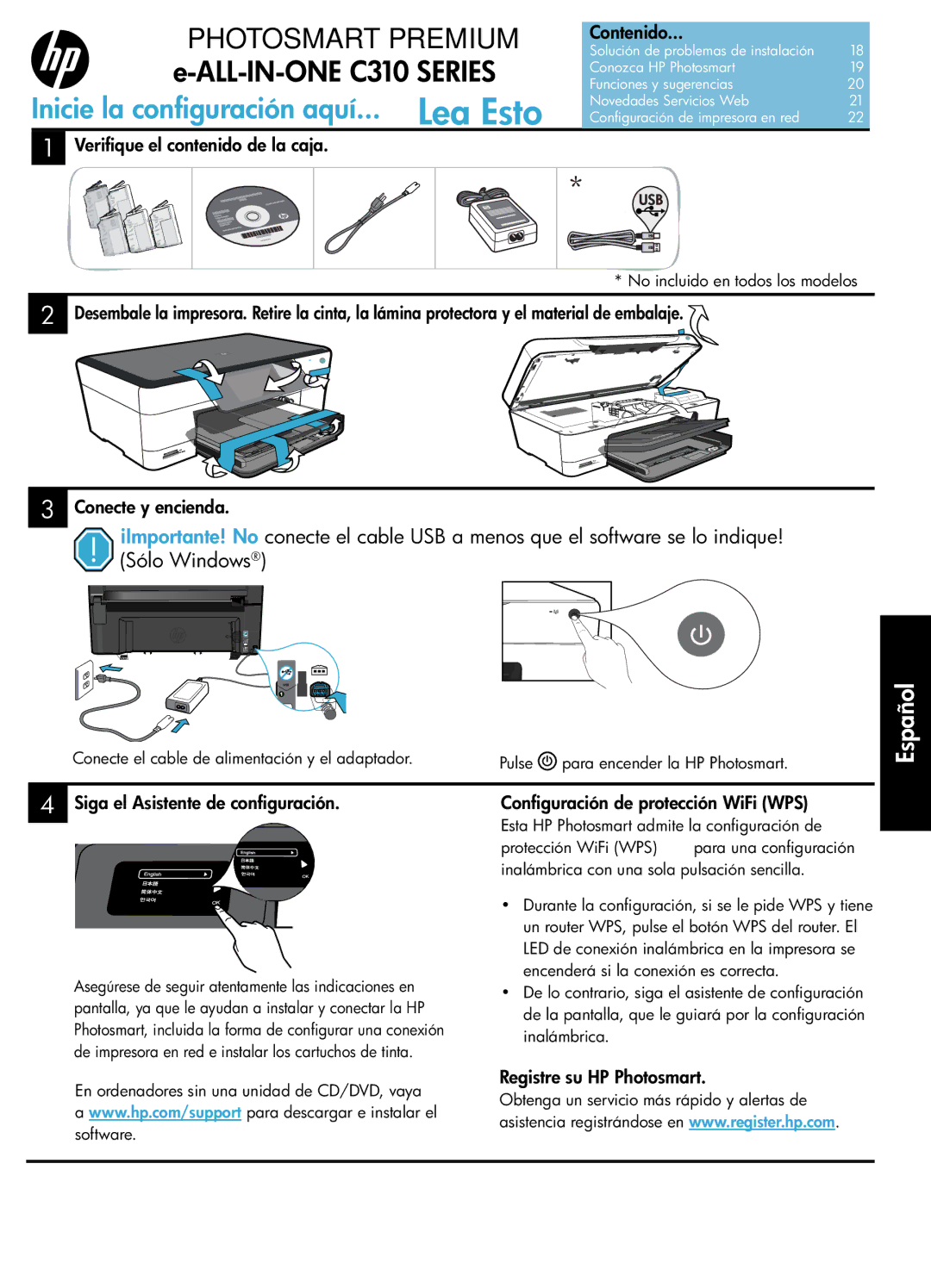 HP Premium - C310a manual Verifique el contenido de la caja, Siga el Asistente de configuración, Registre su HP Photosmart 