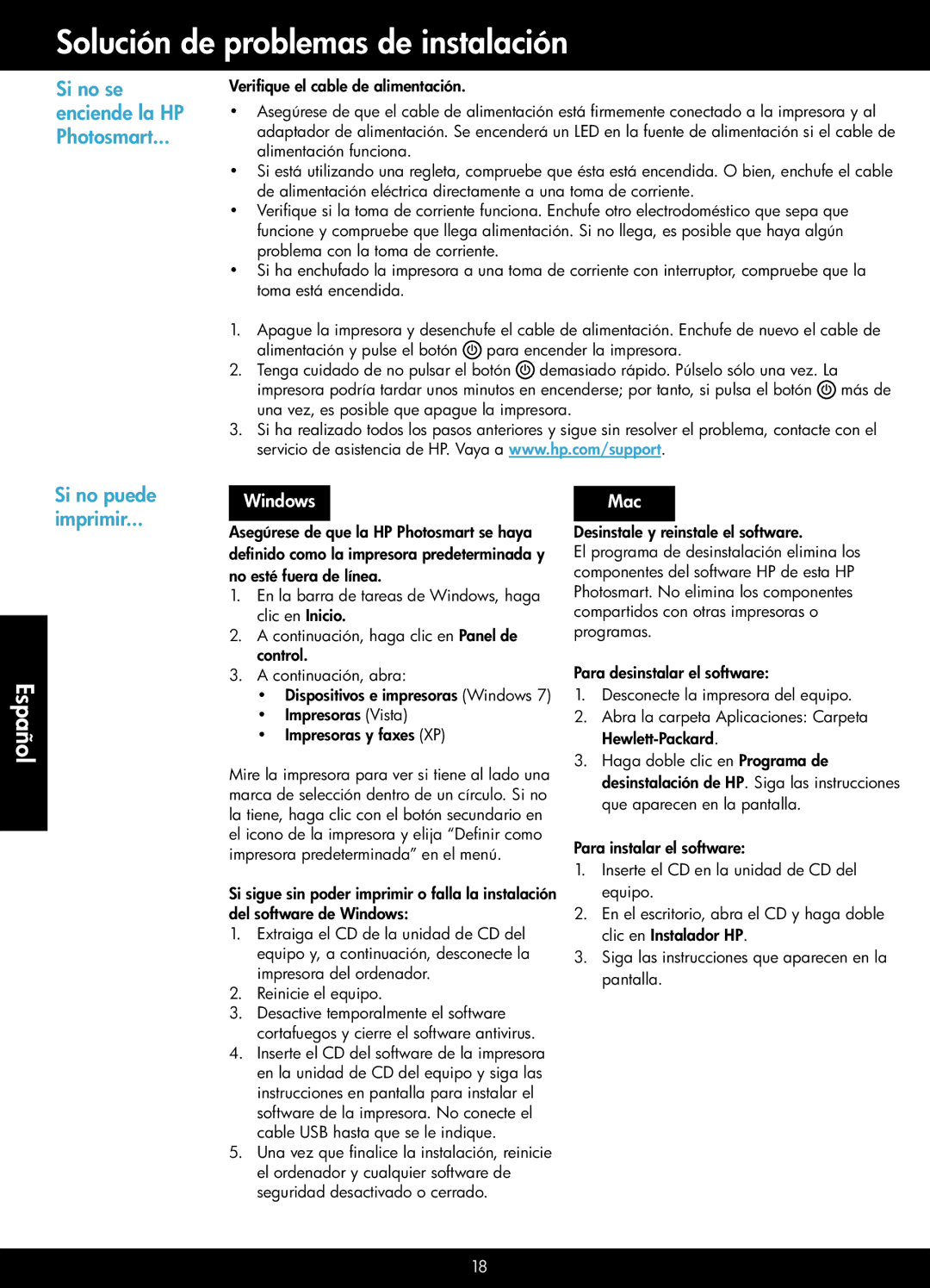 HP Premium - C310a manual Solución de problemas de instalación, Si no se enciende la HP Photosmart 