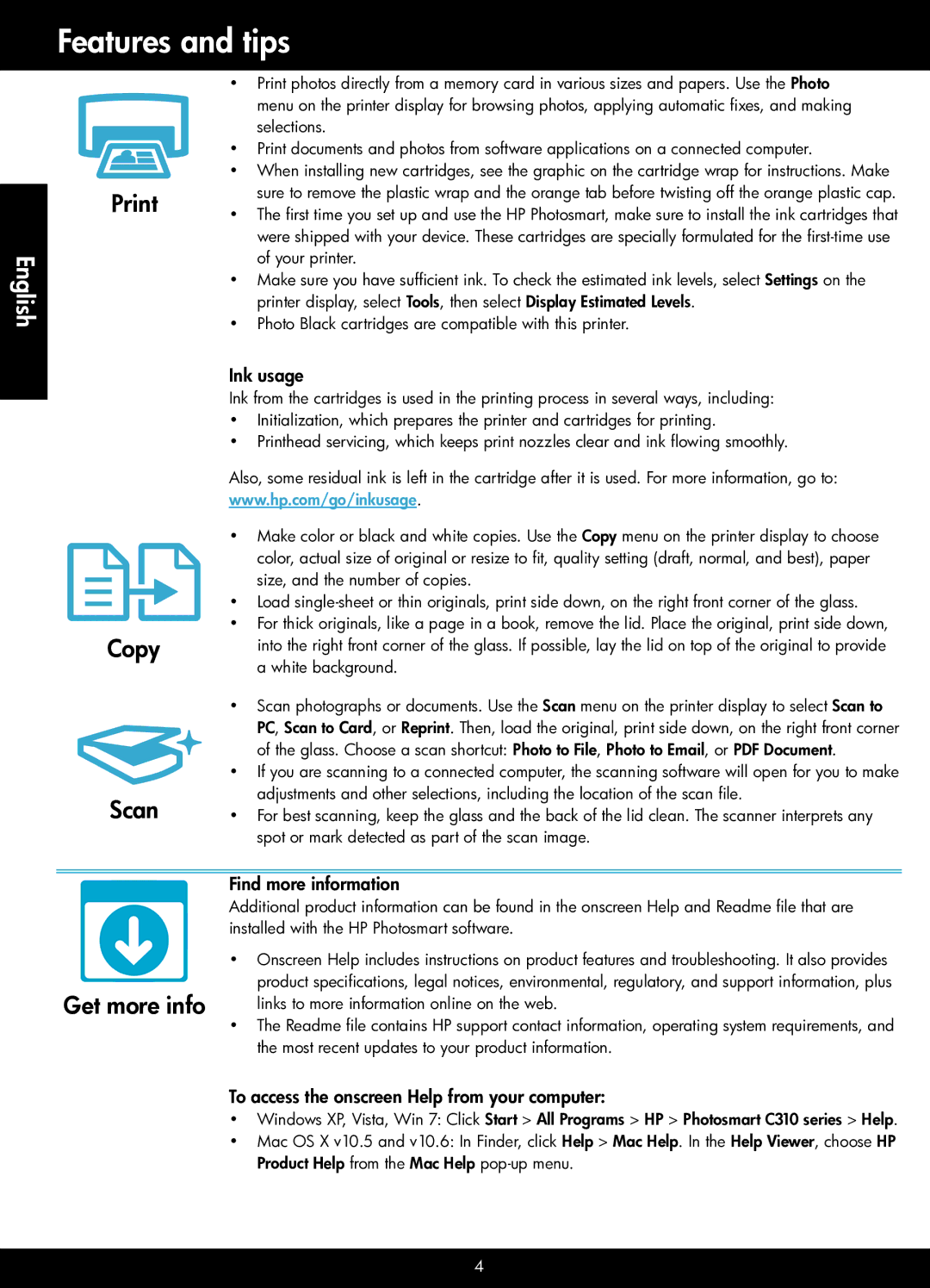 HP Premium - C310a manual Features and tips, Print, Get more info, Copy 