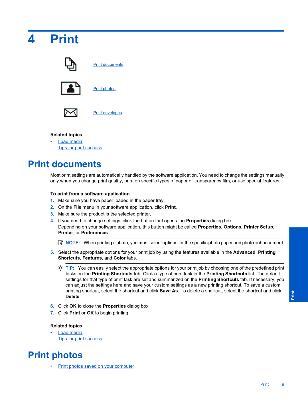 HP Premium - C310a manual Print documents, Print photos, Related topics, To print from a software application 