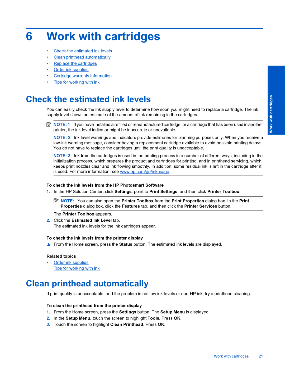 HP Premium - C310a manual Work with cartridges, Check the estimated ink levels, Clean printhead automatically 