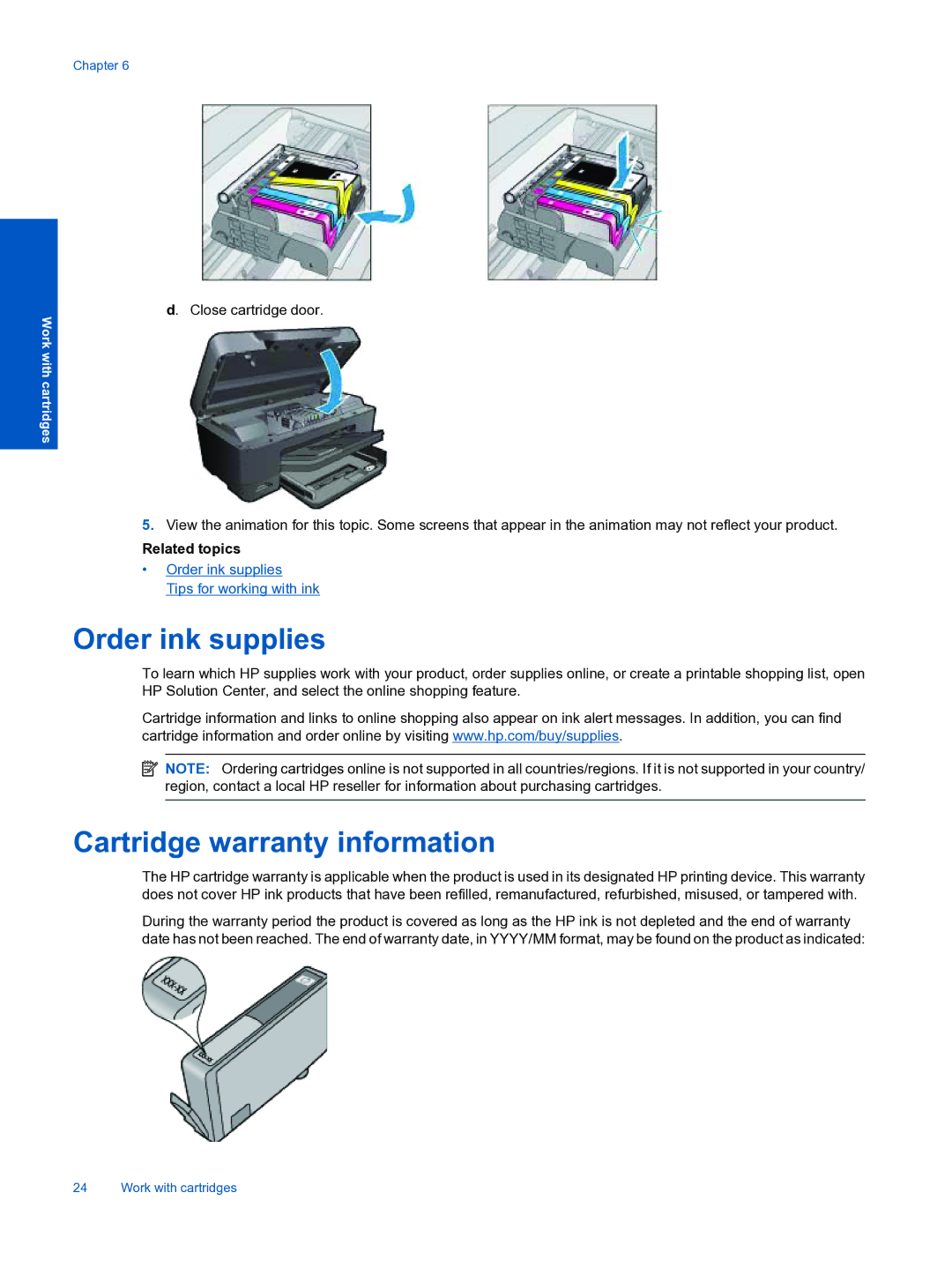 HP Premium - C310a manual Order ink supplies, Cartridge warranty information 