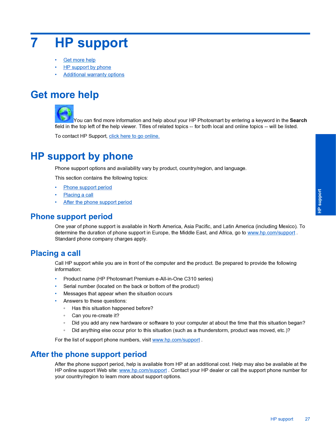 HP Premium - C310a manual Get more help, HP support by phone 