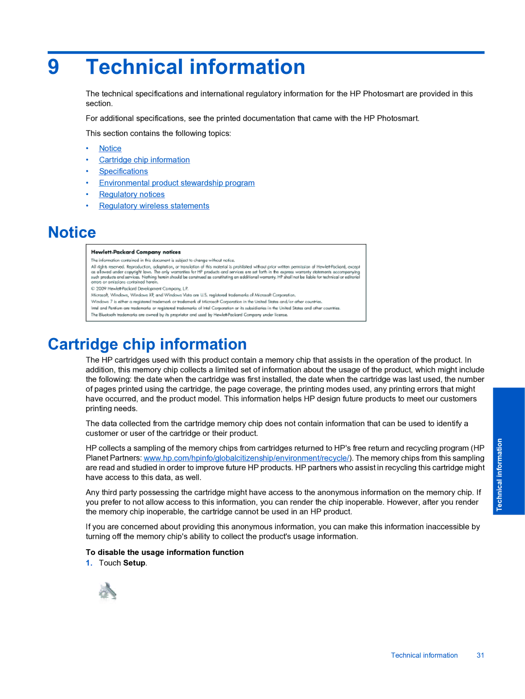 HP Premium - C310a manual Technical information, Cartridge chip information, To disable the usage information function 