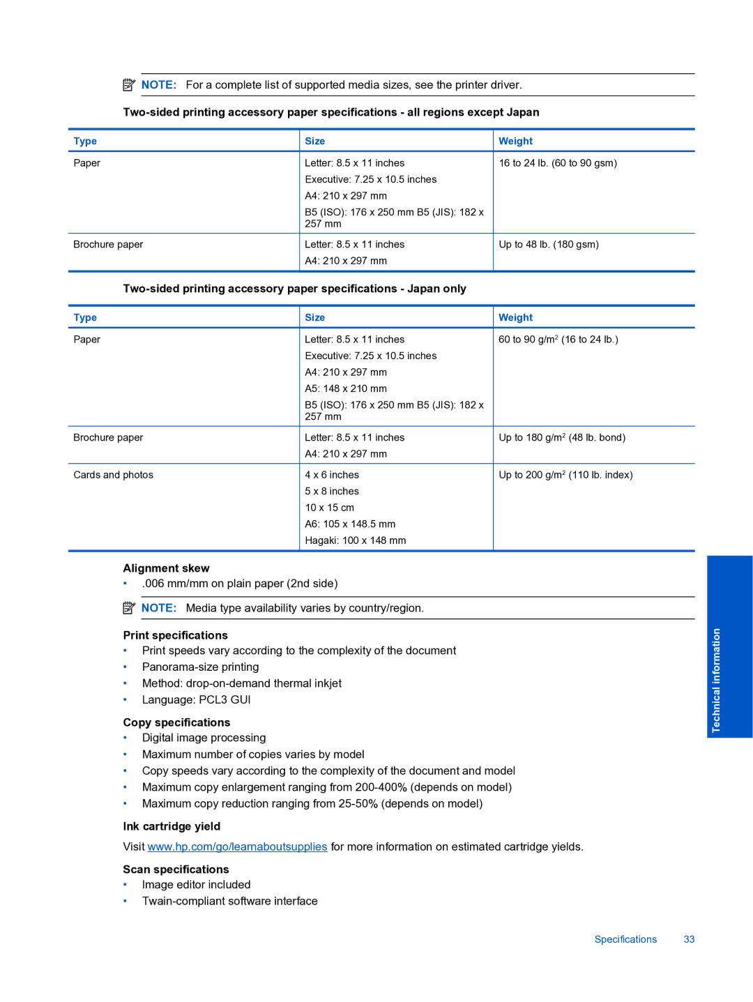 HP Premium - C310a Alignment skew, Print specifications, Copy specifications, Ink cartridge yield Scan specifications 