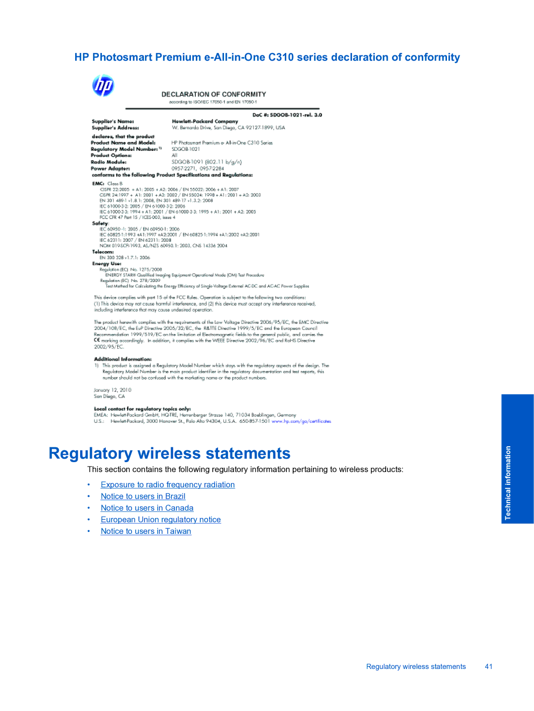 HP Premium - C310a manual Regulatory wireless statements 