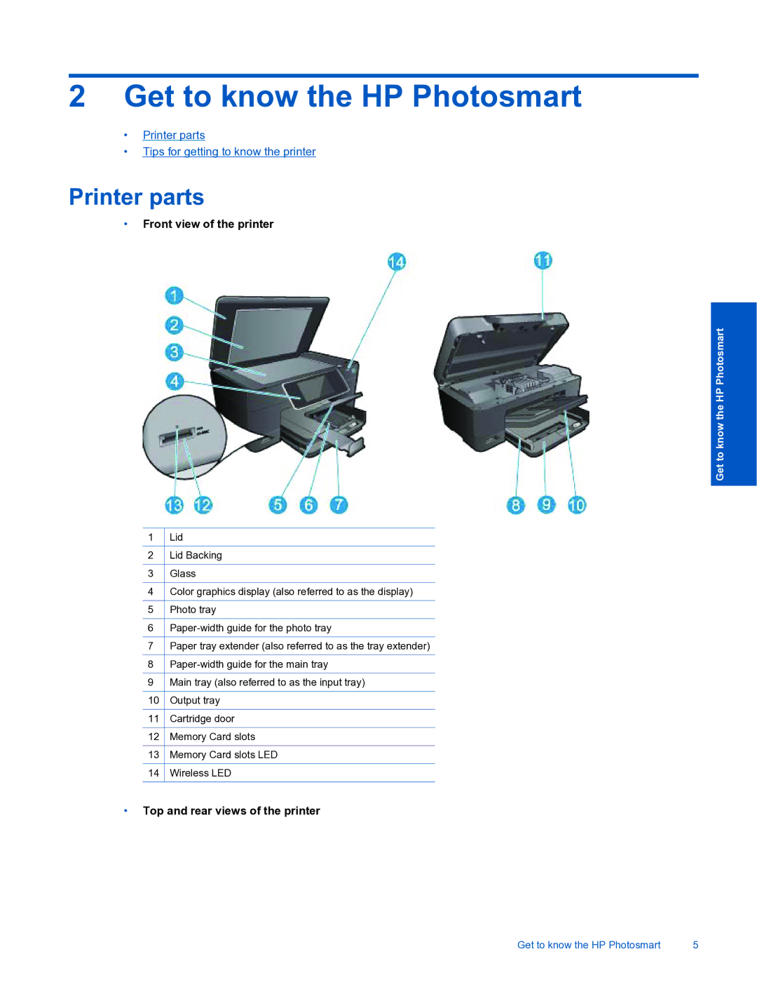 HP Premium - C310a manual Get to know the HP Photosmart, Printer parts, Front view of the printer 