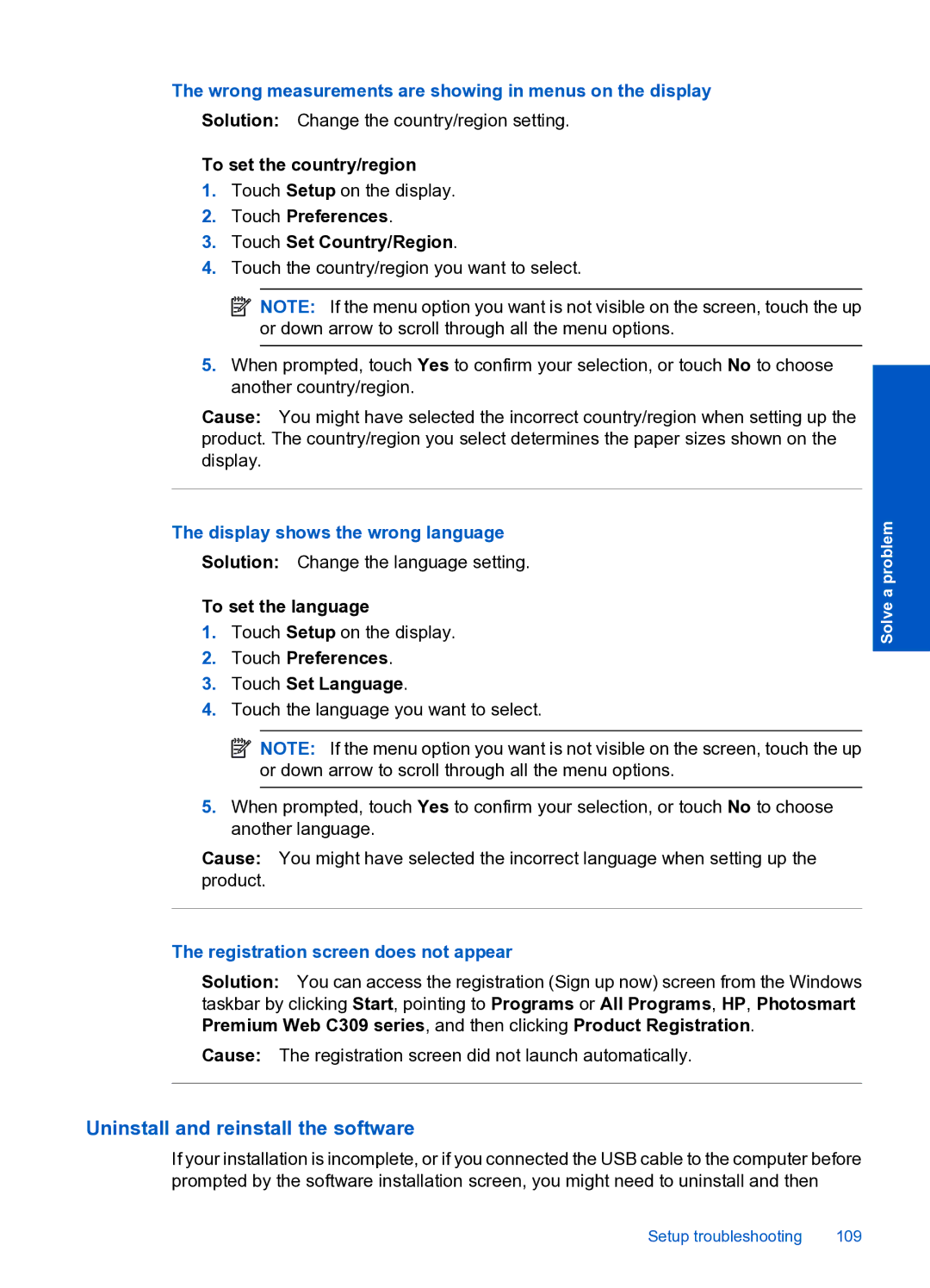 HP Premium Web - C309n manual Uninstall and reinstall the software, Wrong measurements are showing in menus on the display 