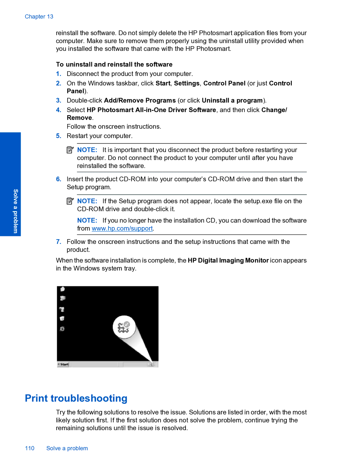 HP Premium Web - C309n manual Print troubleshooting, To uninstall and reinstall the software 