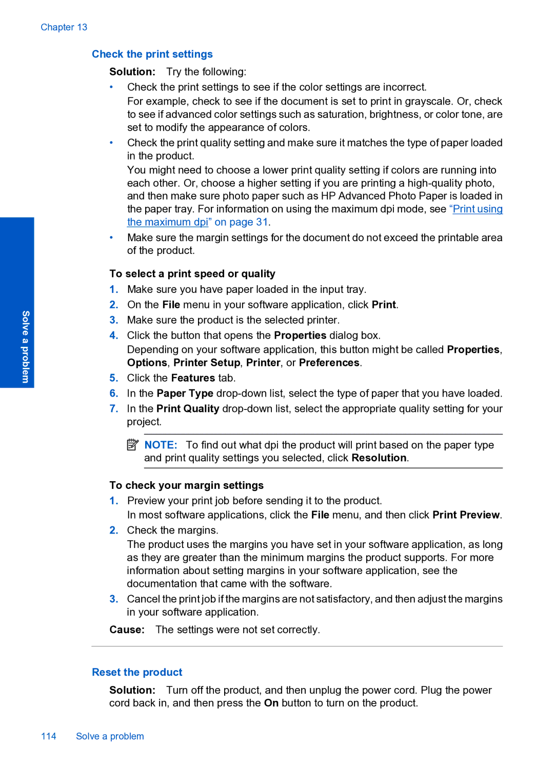 HP Premium Web - C309n manual Check the print settings, To select a print speed or quality, To check your margin settings 