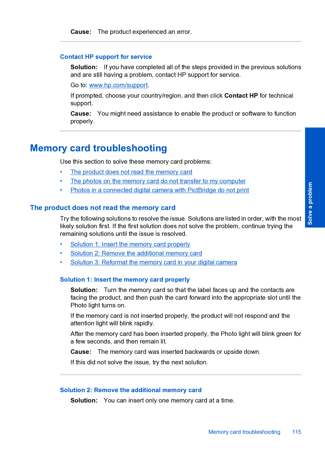 HP Premium Web - C309n Memory card troubleshooting, Product does not read the memory card, Contact HP support for service 