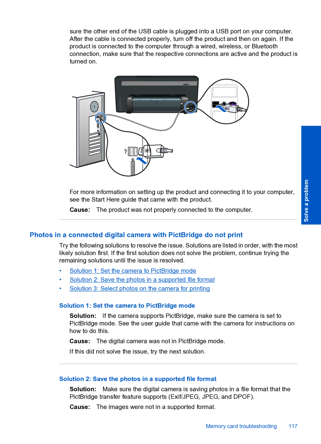 HP Premium Web - C309n Solution 1 Set the camera to PictBridge mode, Solution 2 Save the photos in a supported file format 