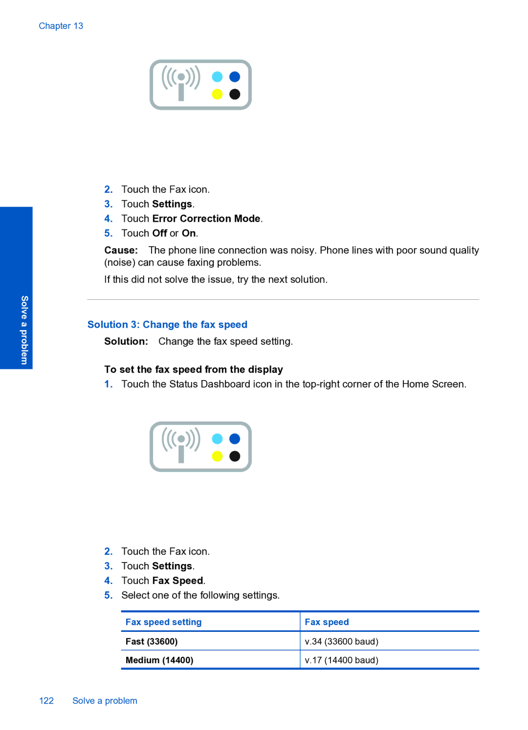 HP Premium Web - C309n manual Touch Settings Touch Error Correction Mode, Solution 3 Change the fax speed 