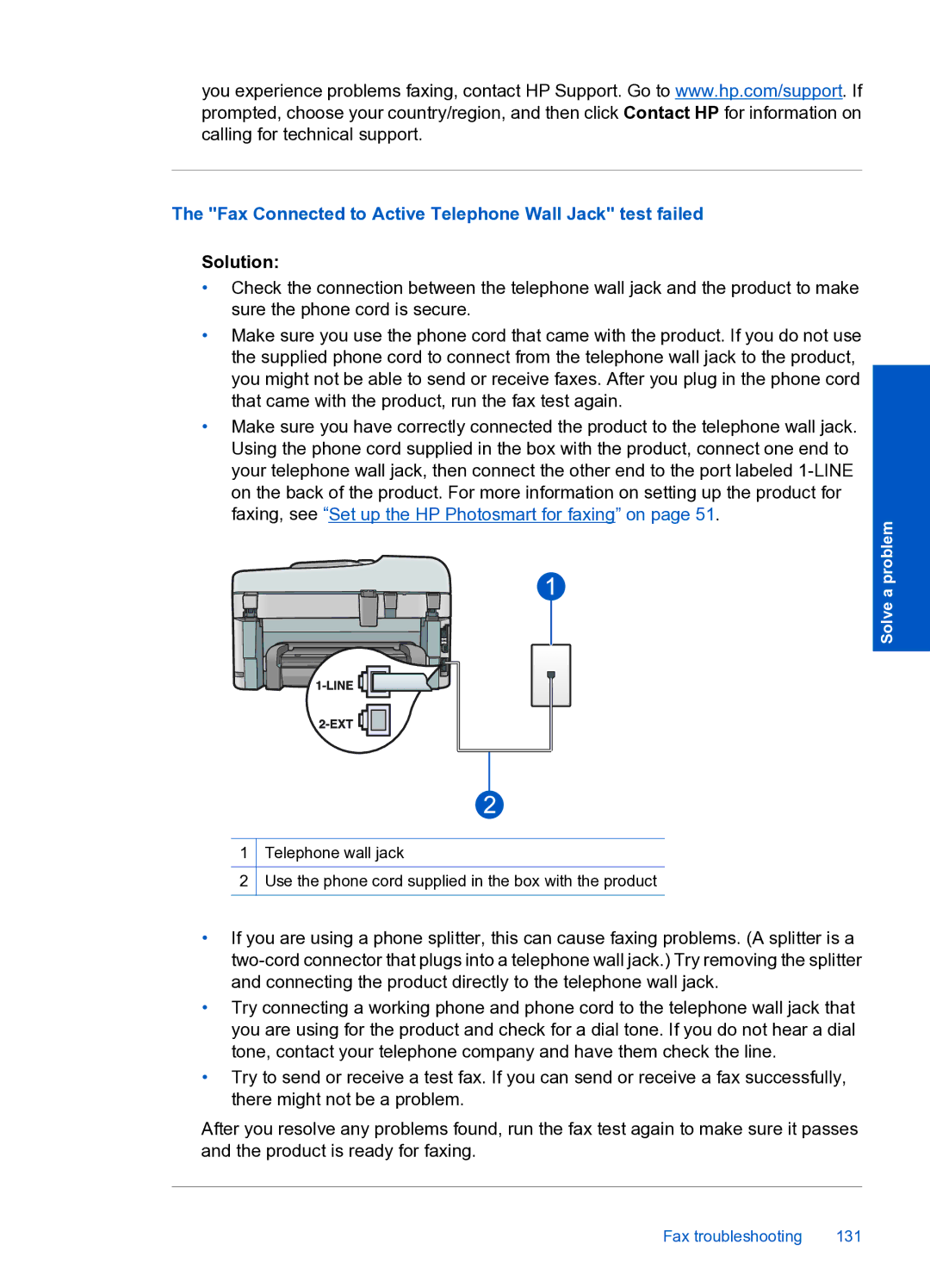 HP Premium Web - C309n manual Fax Connected to Active Telephone Wall Jack test failed 