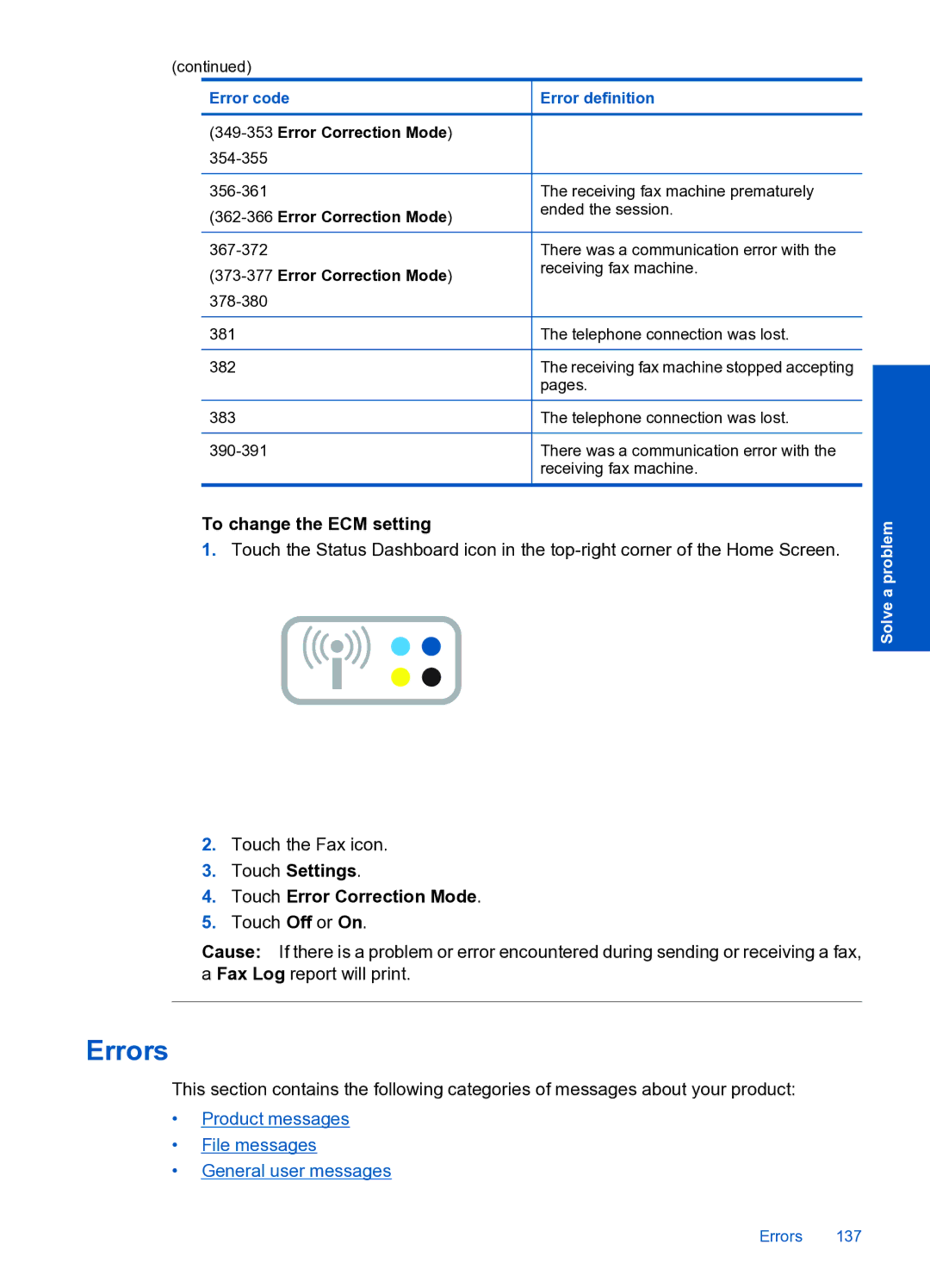 HP Premium Web - C309n manual Errors, To change the ECM setting 