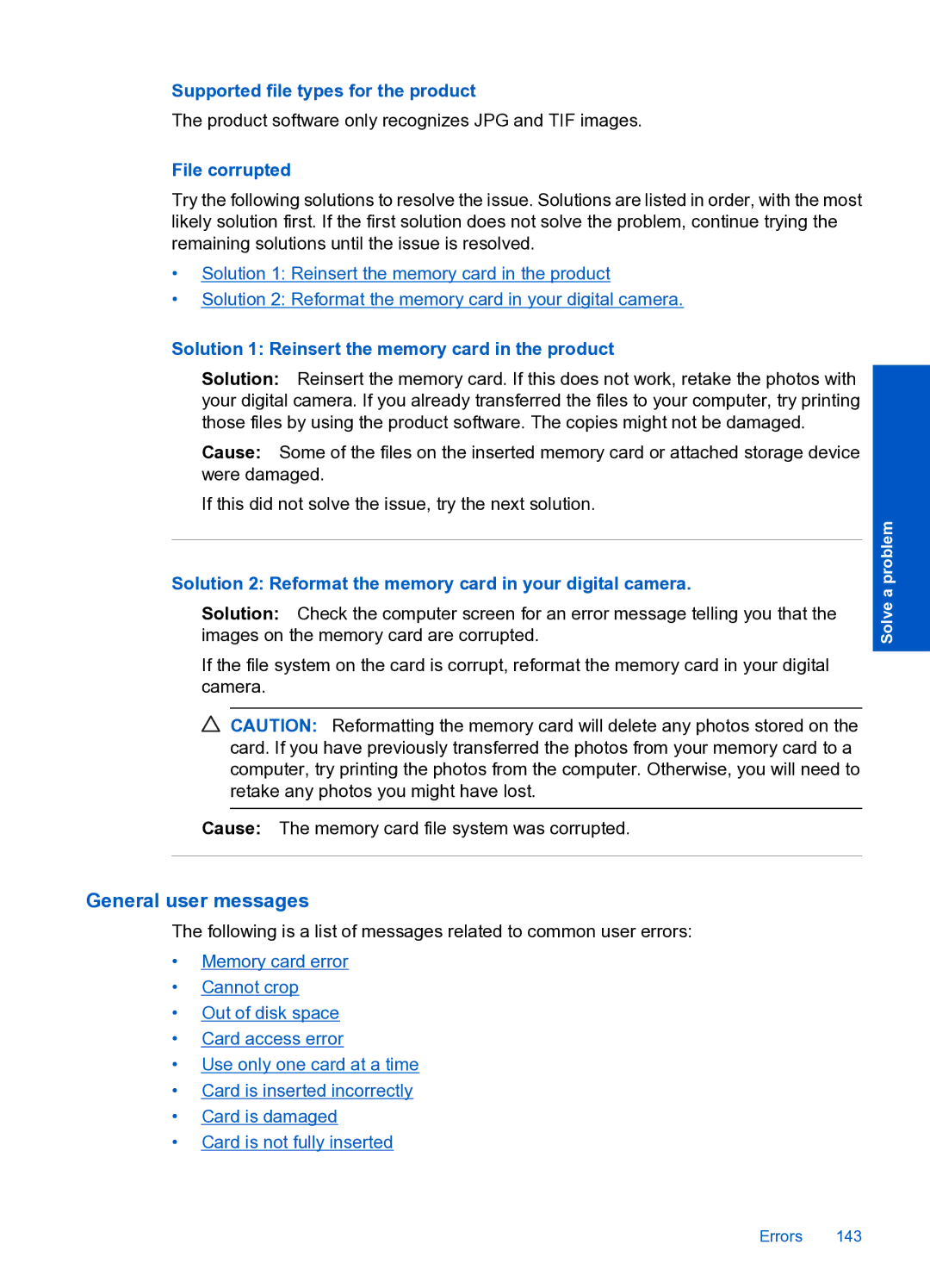 HP Premium Web - C309n manual General user messages, Supported file types for the product, File corrupted 