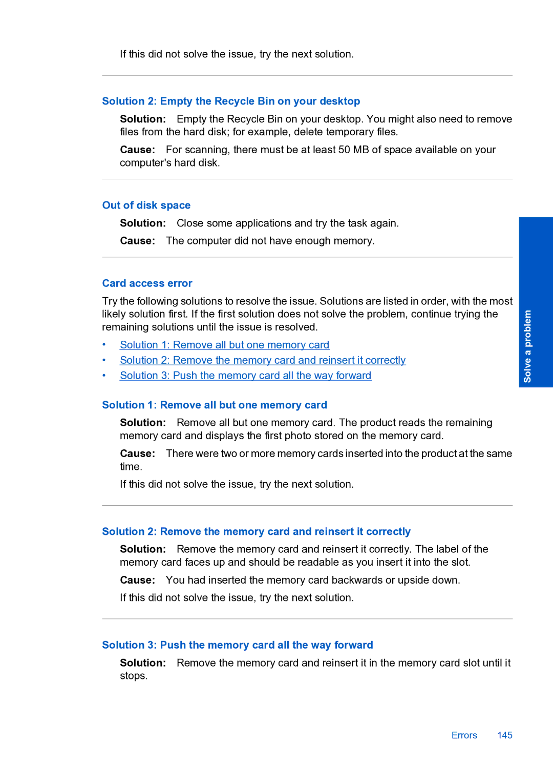 HP Premium Web - C309n manual Solution 2 Empty the Recycle Bin on your desktop, Out of disk space, Card access error 