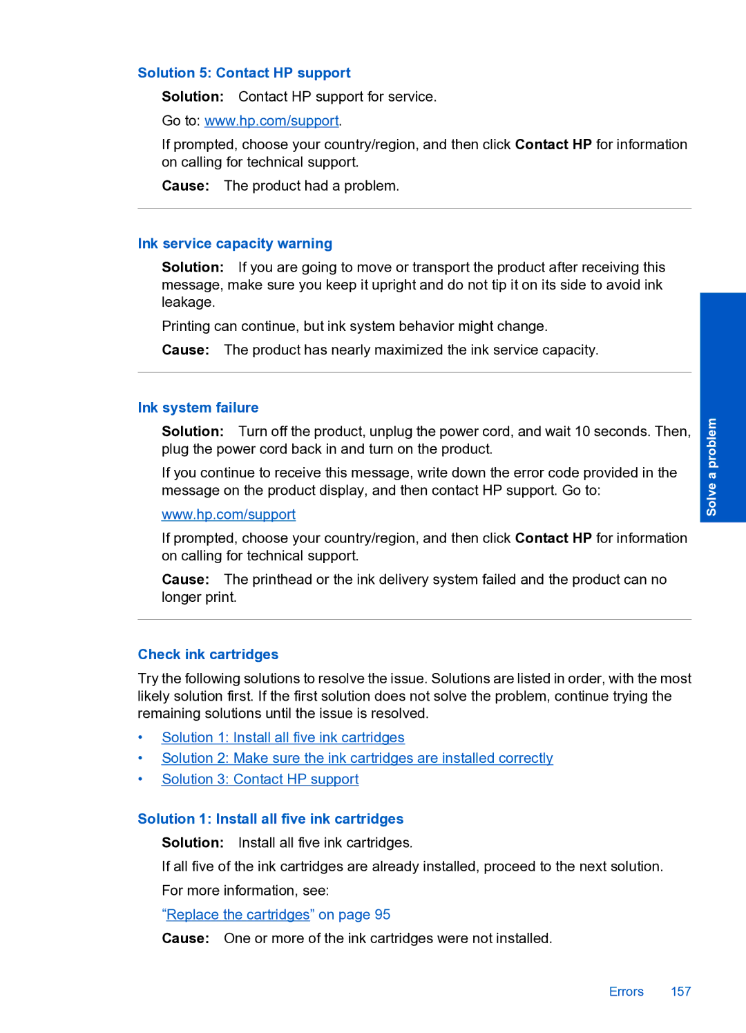 HP Premium Web - C309n manual Solution 5 Contact HP support, Ink service capacity warning, Ink system failure 