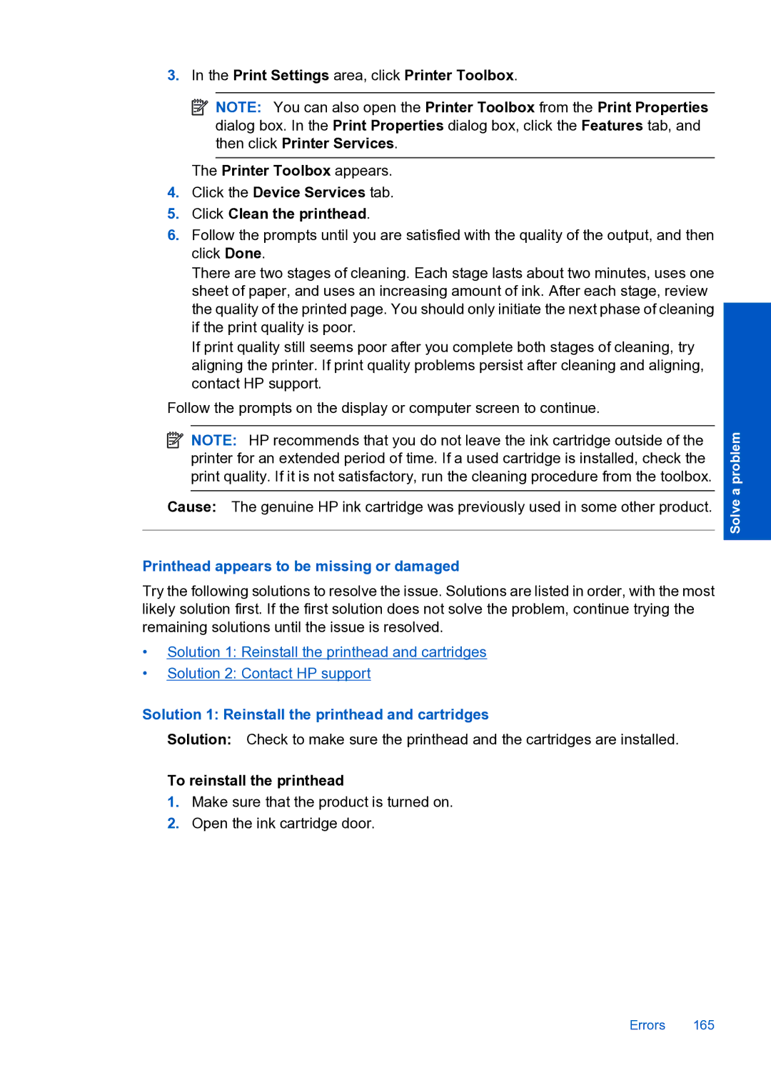 HP Premium Web - C309n manual Printhead appears to be missing or damaged, Solution 1 Reinstall the printhead and cartridges 