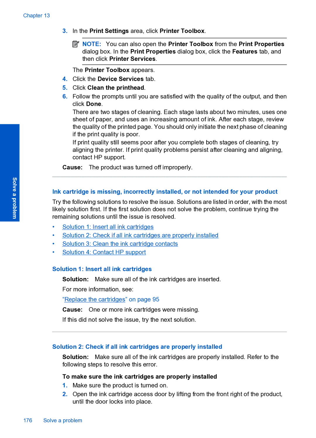 HP Premium Web - C309n manual Solution 1 Insert all ink cartridges, To make sure the ink cartridges are properly installed 