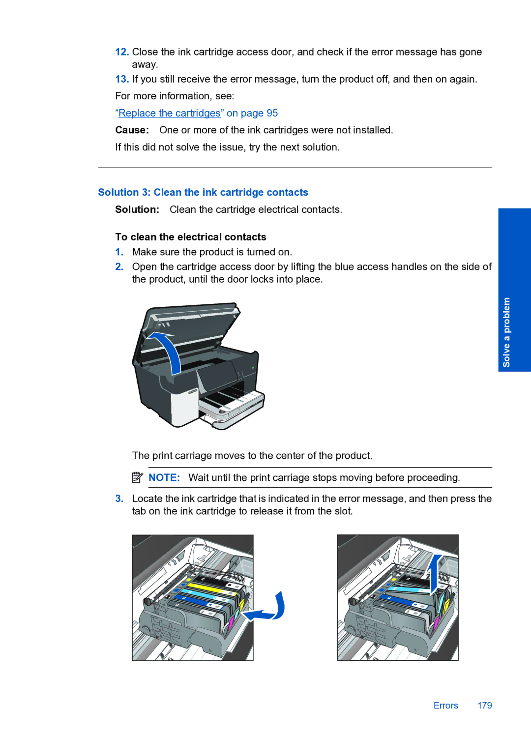 HP Premium Web - C309n manual Solution 3 Clean the ink cartridge contacts, To clean the electrical contacts 