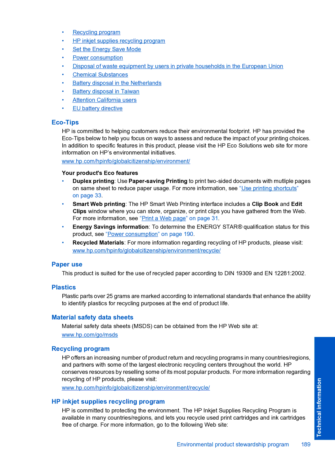 HP Premium Web - C309n manual Eco-Tips, Paper use, Plastics, Material safety data sheets, Recycling program 