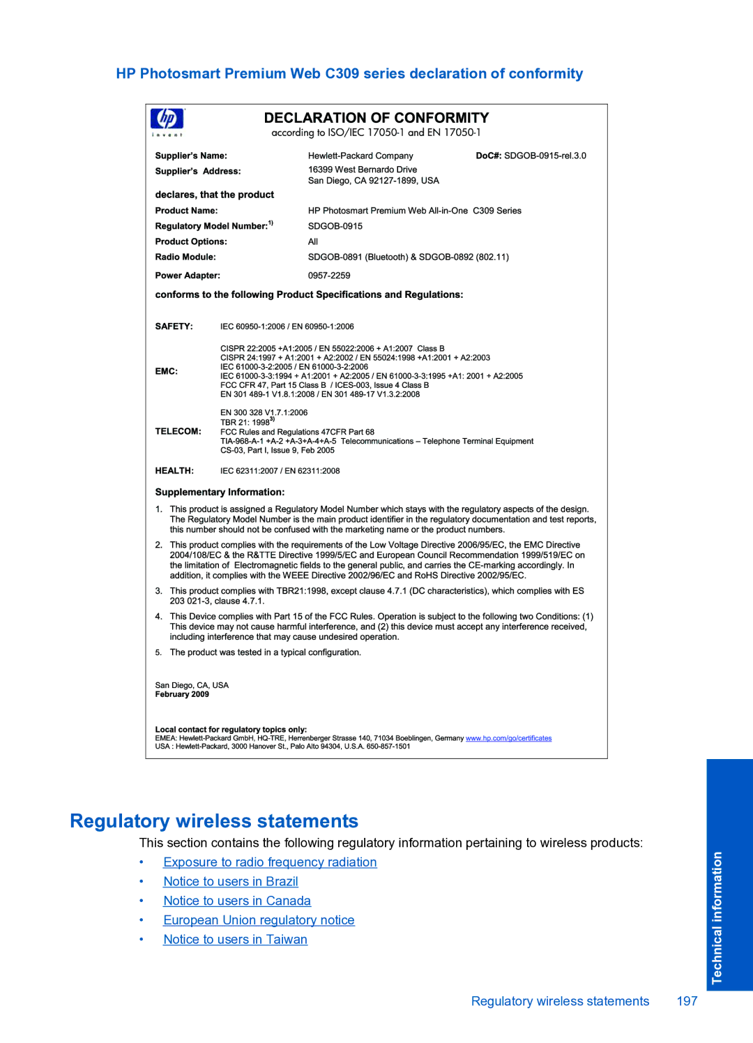 HP Premium Web - C309n manual Regulatory wireless statements 