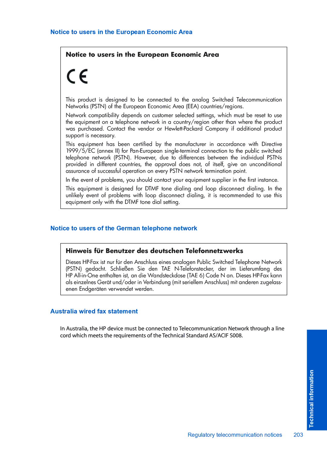 HP Premium Web - C309n manual Hinweis für Benutzer des deutschen Telefonnetzwerks, Australia wired fax statement 