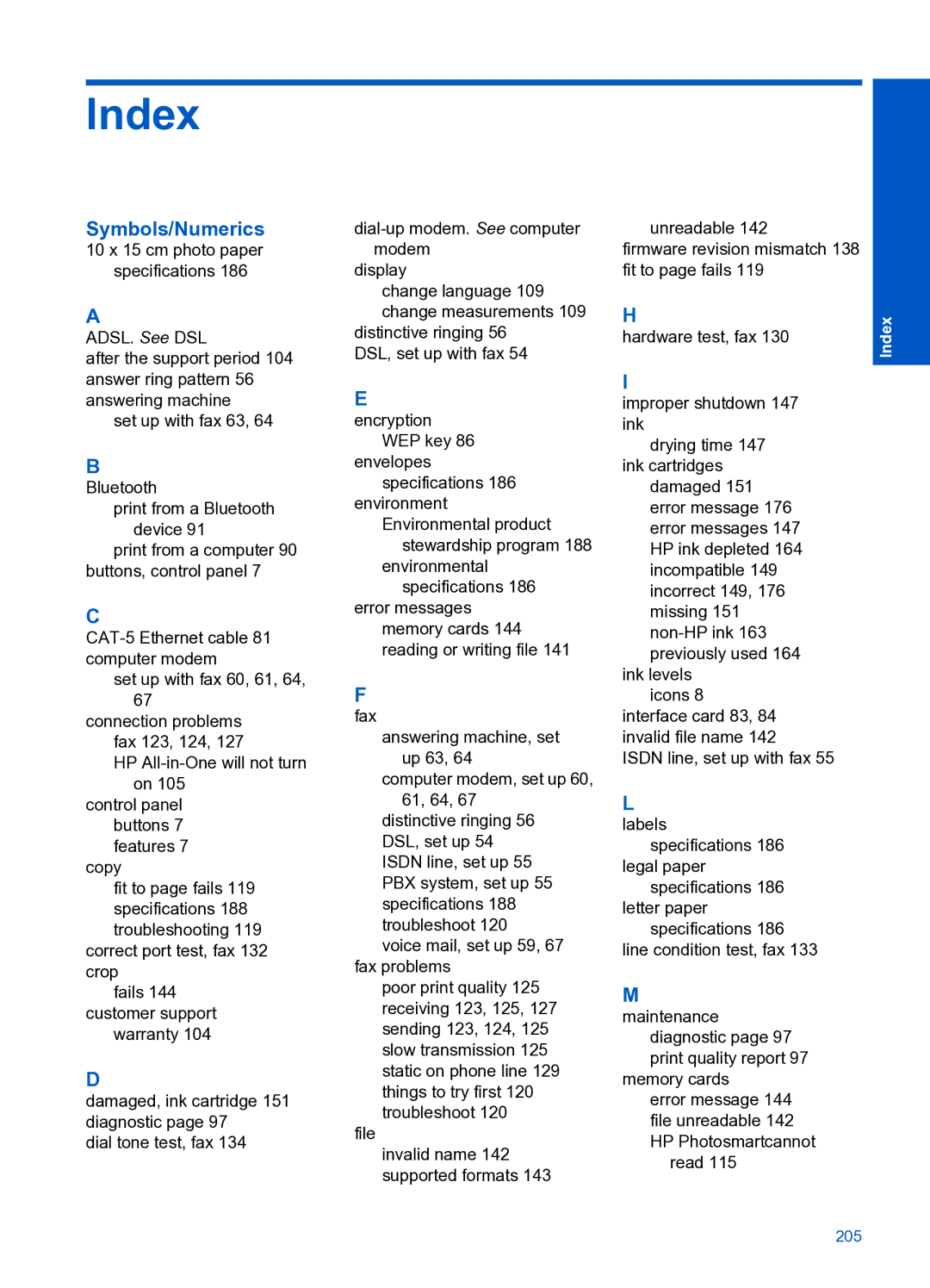 HP Premium Web - C309n manual Index, Symbols/Numerics 