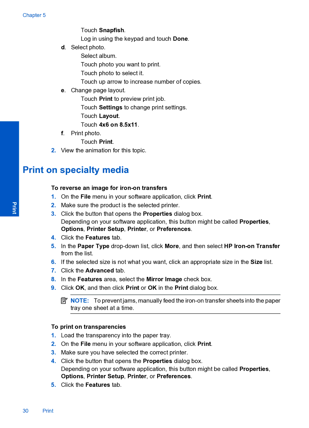 HP Premium Web - C309n Print on specialty media, To reverse an image for iron-on transfers, To print on transparencies 