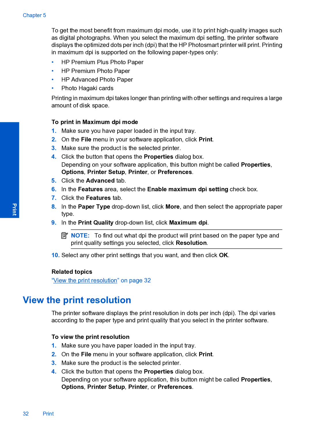 HP Premium Web - C309n manual View the print resolution, To print in Maximum dpi mode, To view the print resolution 